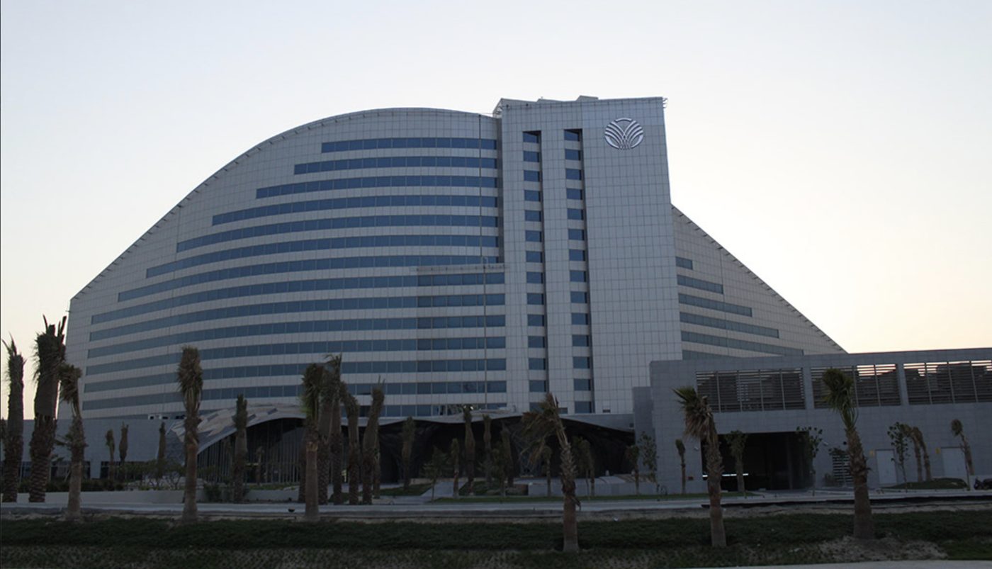 Art Rotana Hotel building exterior in Bahrain at dusk